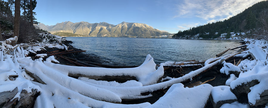 Snow-covered logs on the beach after a snow fall - Bowen Island. 