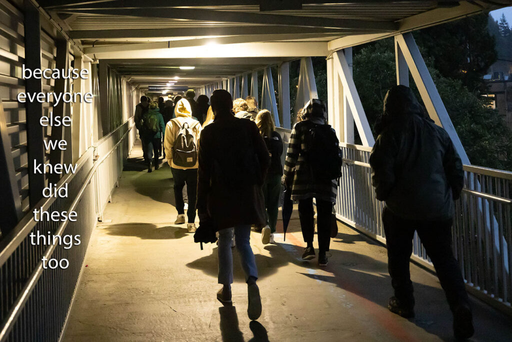 Bowen Island commuters walking the overhead corridor off the ferry to the BC Ferries terminal in Horseshoe Bay. 